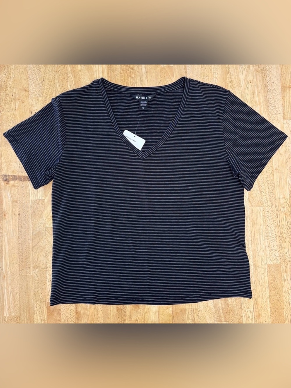 NWT Athleta Black Striped Essential V-Neck Tee Supima Cotton (XS)